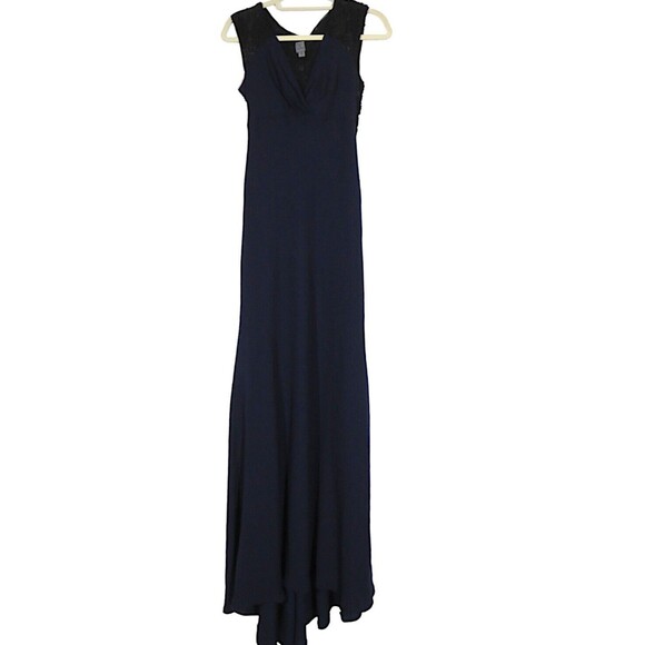Vera Wang Navy Lace Trimmed V Neck Sleeveless Floor Length Formal Gown Size 4 - Picture 6 of 16